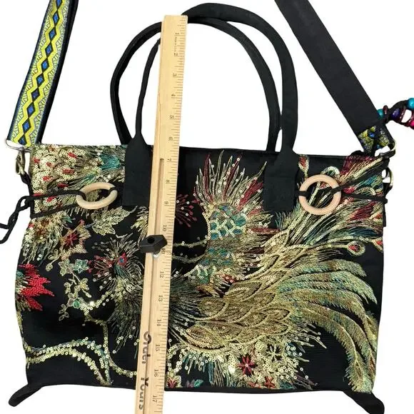Black Gold Phoenix Floral Gold Sequin Embroidery Tassels Canvas Tote Bag Handbag - Picture 4 of 15